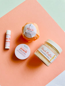 peach Collection Bundle includes  peach lip balm, lip scrub, bath bomb and body scrub
