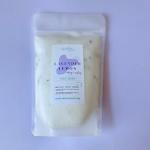 Load image into Gallery viewer, Packaged salt soak labeled 'Lavender Lemon' on a light purple background